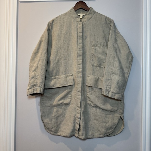Eileen Fisher Organic Linen Mandarin Collar Jacket Sz XS Oversized ‎ Langenlook - Picture 1 of 16